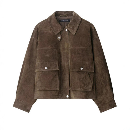 Damen 100+ kurze Veloursleder‑Blousonjacke mit Pattentaschen und Druckknopfverschluss Nord Taschen