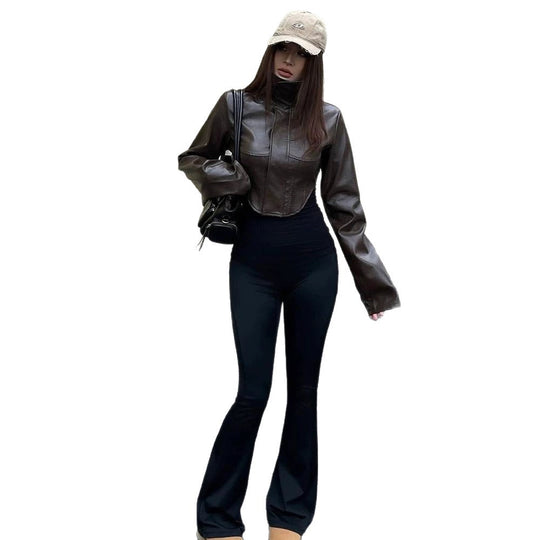 Damen Cropped Kunstleder‑Corsagenjacke mit hohem Stehkragen und verlängerten Ärmeln Nord Taschen