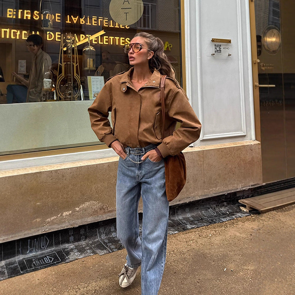 Damen Kurz geschnittene Bomberjacke aus Velourslederoptik mit Rippbündchen Nord Taschen