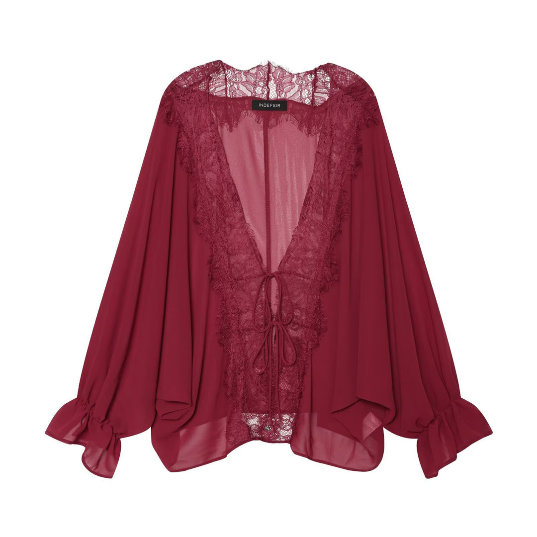 Damen Fließende Kimono‑Bluse mit Spitzenbesatz und Bindeband Nord Taschen