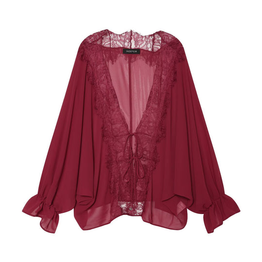 Damen Fließende Kimono‑Bluse mit Spitzenbesatz und Bindeband Nord Taschen