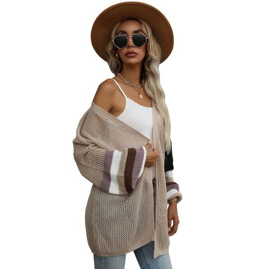 Damen Offene Longcardigan-Strickjacke mit Lochstrick, Ballonärmeln und gestreifter Ärmelpassform Nord Taschen