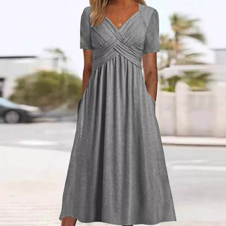 Damen nan luftiges Midikleid mit V-Ausschnitt Wickeloptik Empire-Taille und Taschen