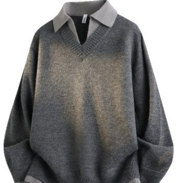 Unisex Lässiger Strukturstrick-Pullover mit offenem Polokragen und tiefem V-Ausschnitt Nord Taschen