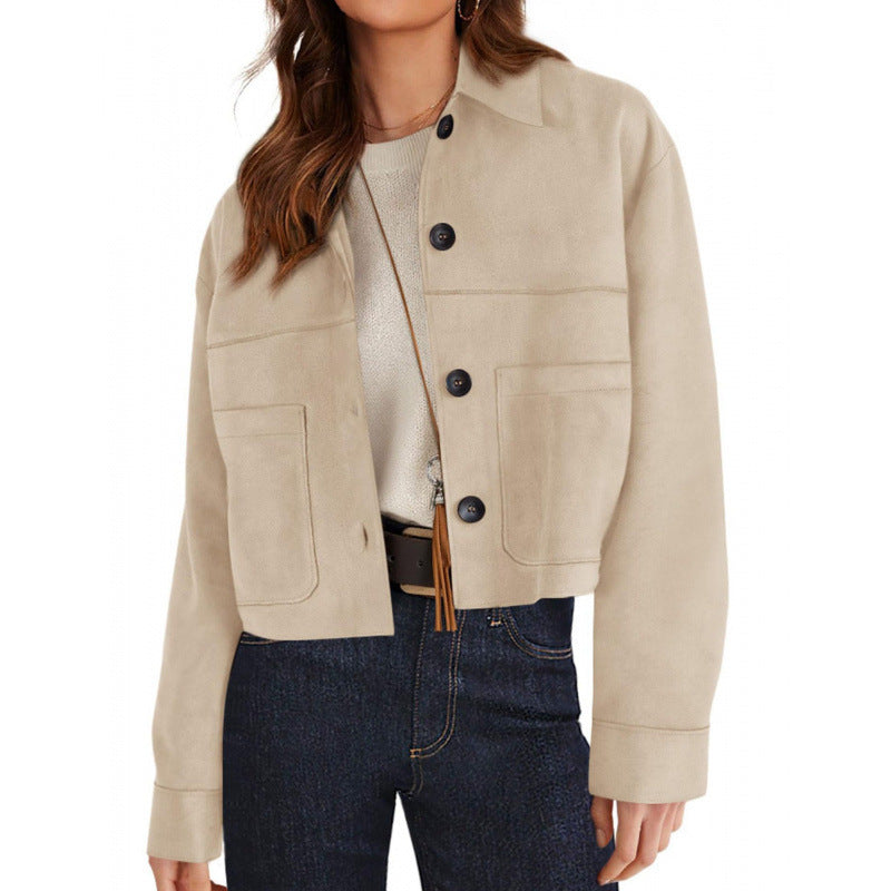 Damen kurze Wildleder-Optik Jacke mit aufgesetzten Taschen und Hemdkragen Nord Taschen