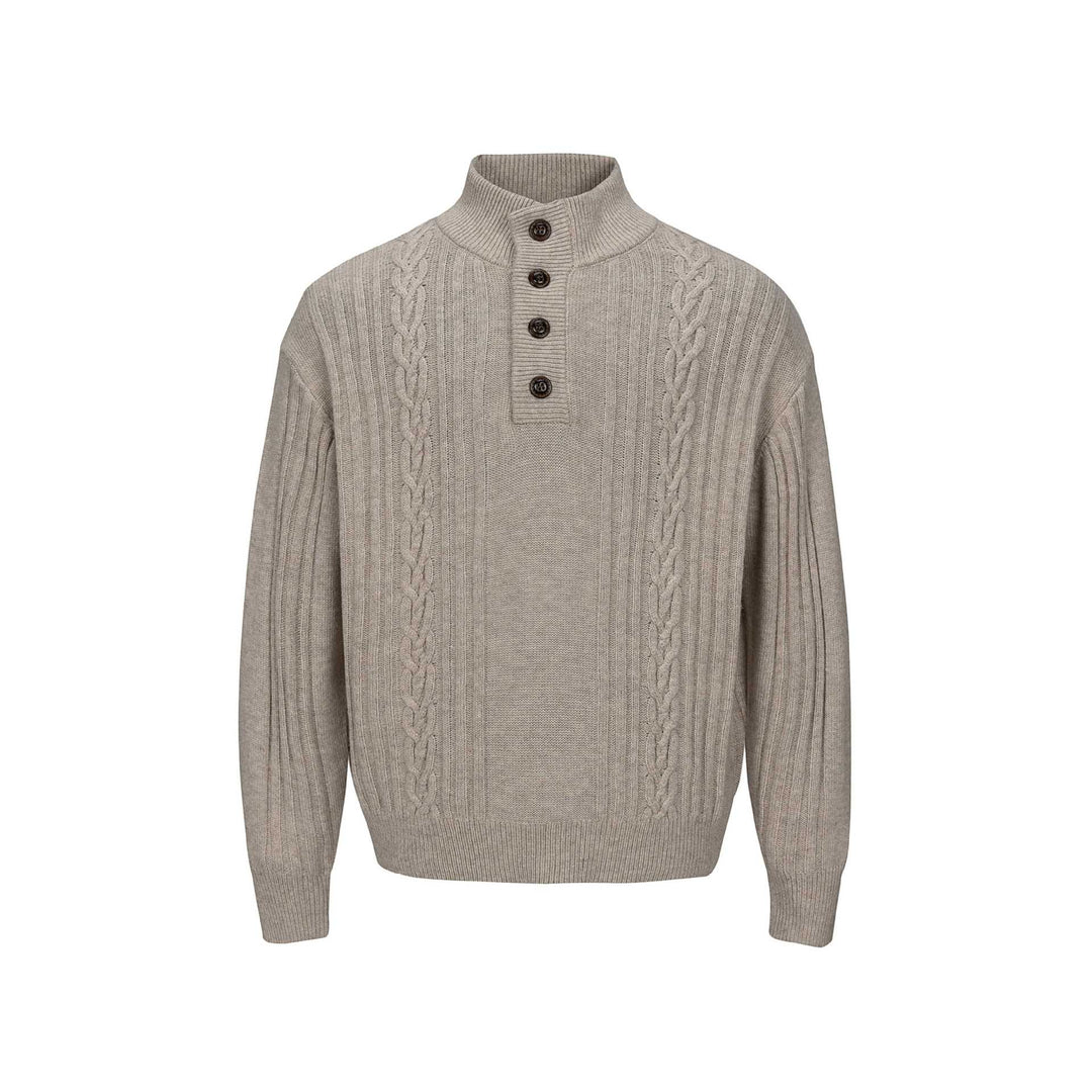 Herren Grobstrukturierter Strickpullover mit Stehkragen und Knopfleiste Nord Taschen