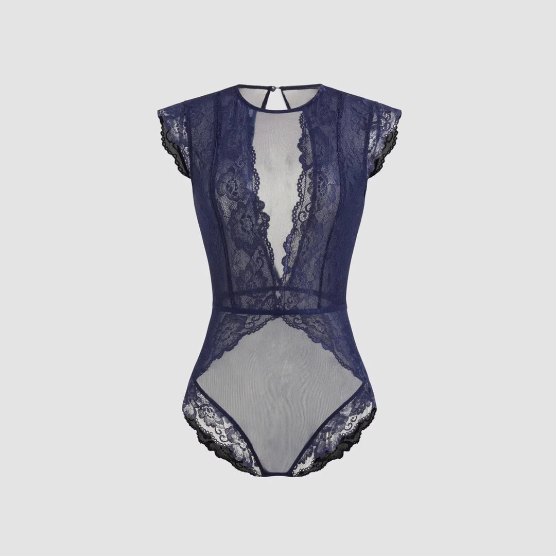 Damen Elegantes Spitzenbody mit tiefem V-Ausschnitt und zarten Rüschendetails