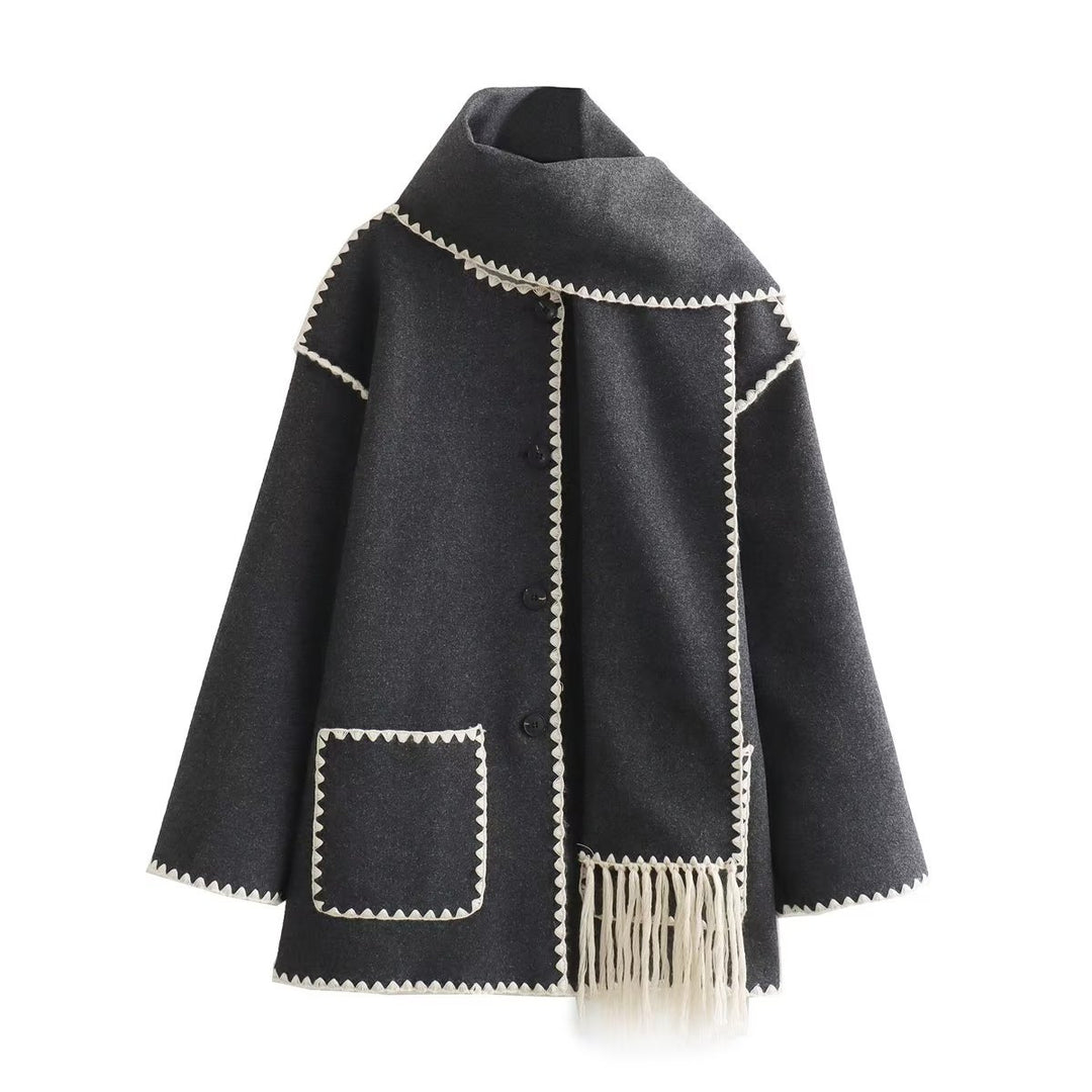 Damen Cape-Mantel mit angesetztem Fransen-Schal und Zier-Zickzacknaht Nord Taschen