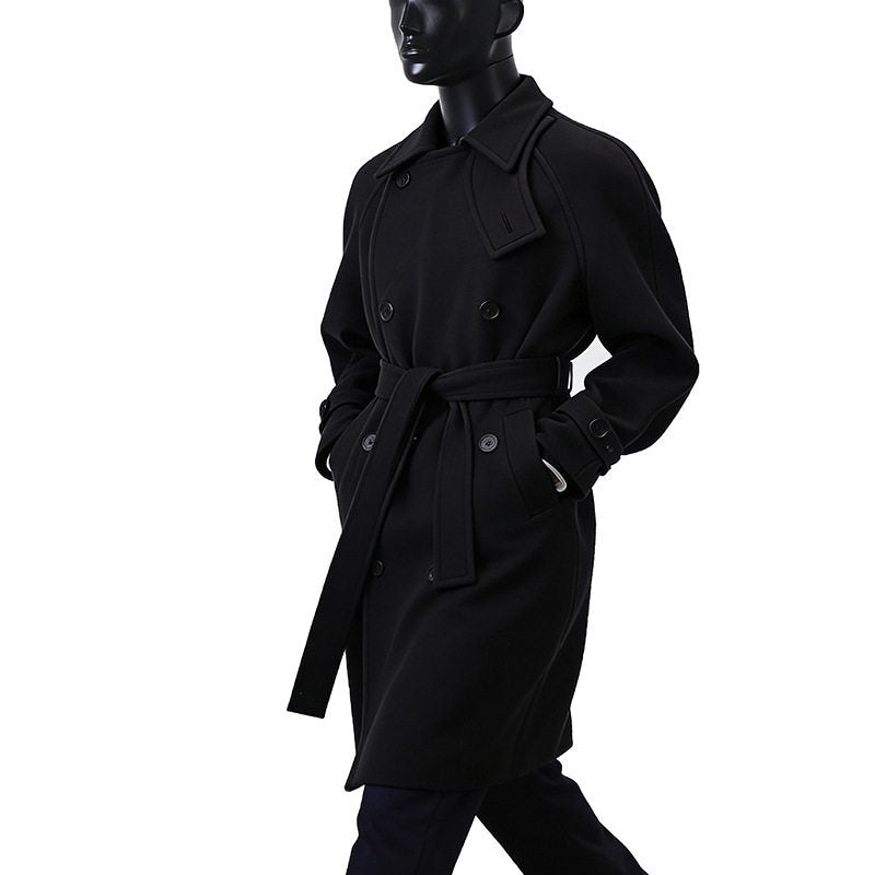 Herren Dramatisch geschnittener Doppelreihiger Wollmix-Longcoat mit Kragenlaschen und Bindegürtel Nord Taschen