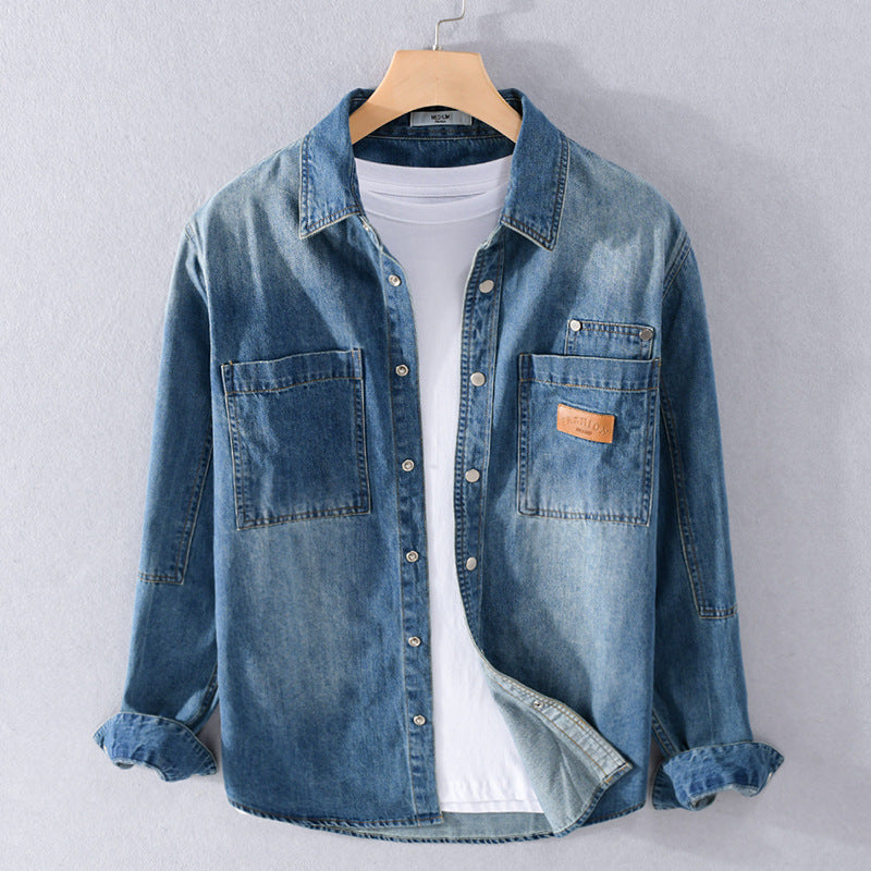 Herren Vintage-Jeanshemdjacke im Overshirt-Look mit Druckknöpfen und Kontrastnähten Nord Taschen