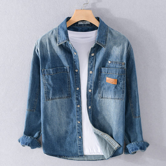 Herren Vintage-Jeanshemdjacke im Overshirt-Look mit Druckknöpfen und Kontrastnähten Nord Taschen