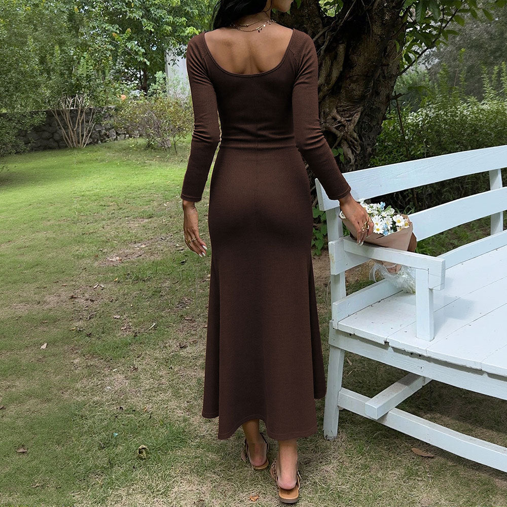 Damen figurbetontes Ripp-Maxikleid mit langen Ärmeln, Knoten‑Keyhole und ausgestelltem Meerjungfrauen-Saum Nord Taschen