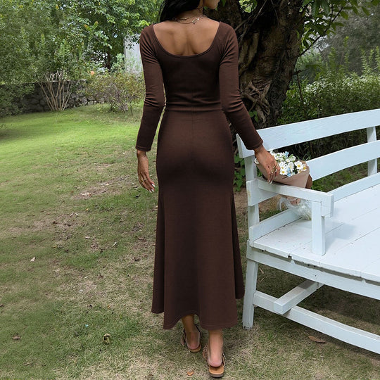 Damen figurbetontes Ripp-Maxikleid mit langen Ärmeln, Knoten‑Keyhole und ausgestelltem Meerjungfrauen-Saum Nord Taschen