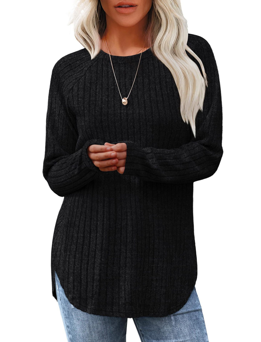 Damen gerippter Strickpullover mit Rundhalsausschnitt Oversize-Passform und Seitenschlitzen Nord Taschen