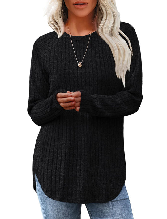 Damen gerippter Strickpullover mit Rundhalsausschnitt Oversize-Passform und Seitenschlitzen Nord Taschen