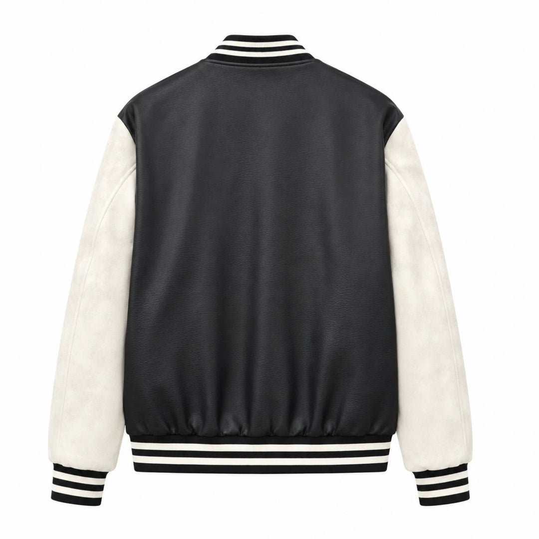 Herren Varsity‑Bomberjacke im College‑Stil mit Lederimitatkörper und kontrastierenden Wildlederärmeln Nord Taschen