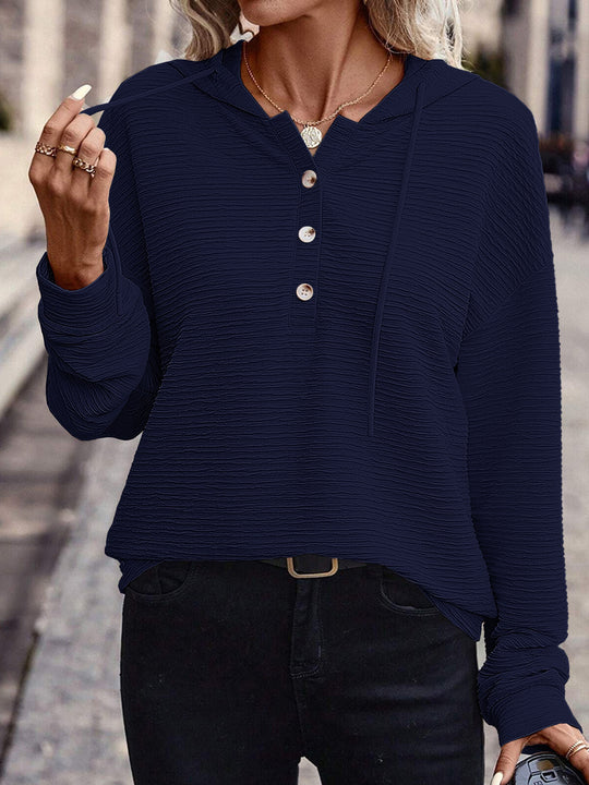 Damen Texturierter Kapuzen-Henleypullover mit Knopfleiste Nord Taschen