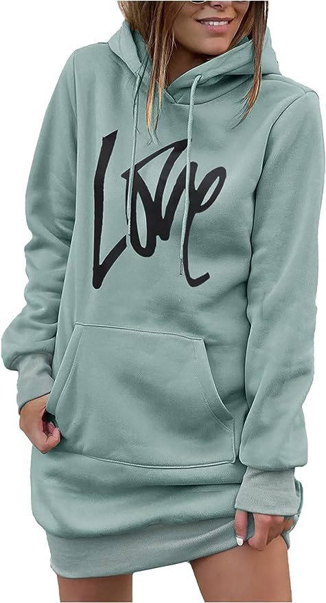 Damen Fleece-Kapuzenkleid mit Kängurutasche, Daumenlochärmeln und Oversize-Sweatshirt-Schnitt Nord Taschen