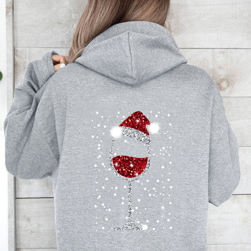 Damen Oversize Kapuzenpullover mit weihnachtlichem Glitzer-Weinglas-Print Nord Taschen