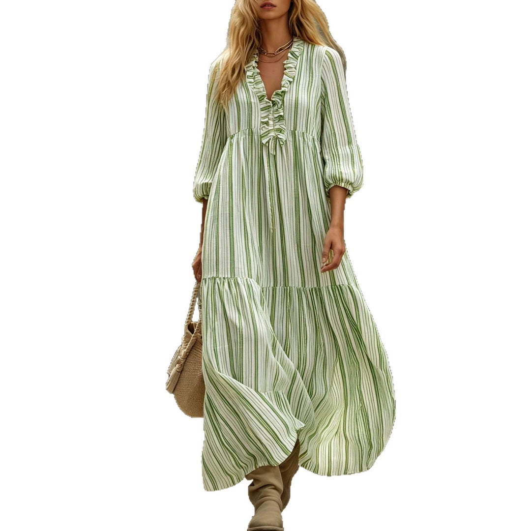 Damen Maxikleid mit Rüschen-V-Ausschnitt und Ballonärmeln Nord Taschen