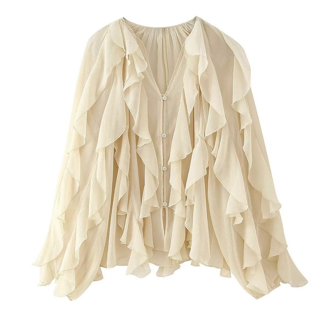 Damen Volant-Chiffonbluse mit Knopfleiste, gerafftem Ausschnitt und Ballonärmeln Nord Taschen