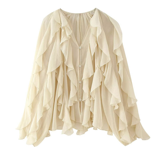 Damen Volant-Chiffonbluse mit Knopfleiste, gerafftem Ausschnitt und Ballonärmeln Nord Taschen