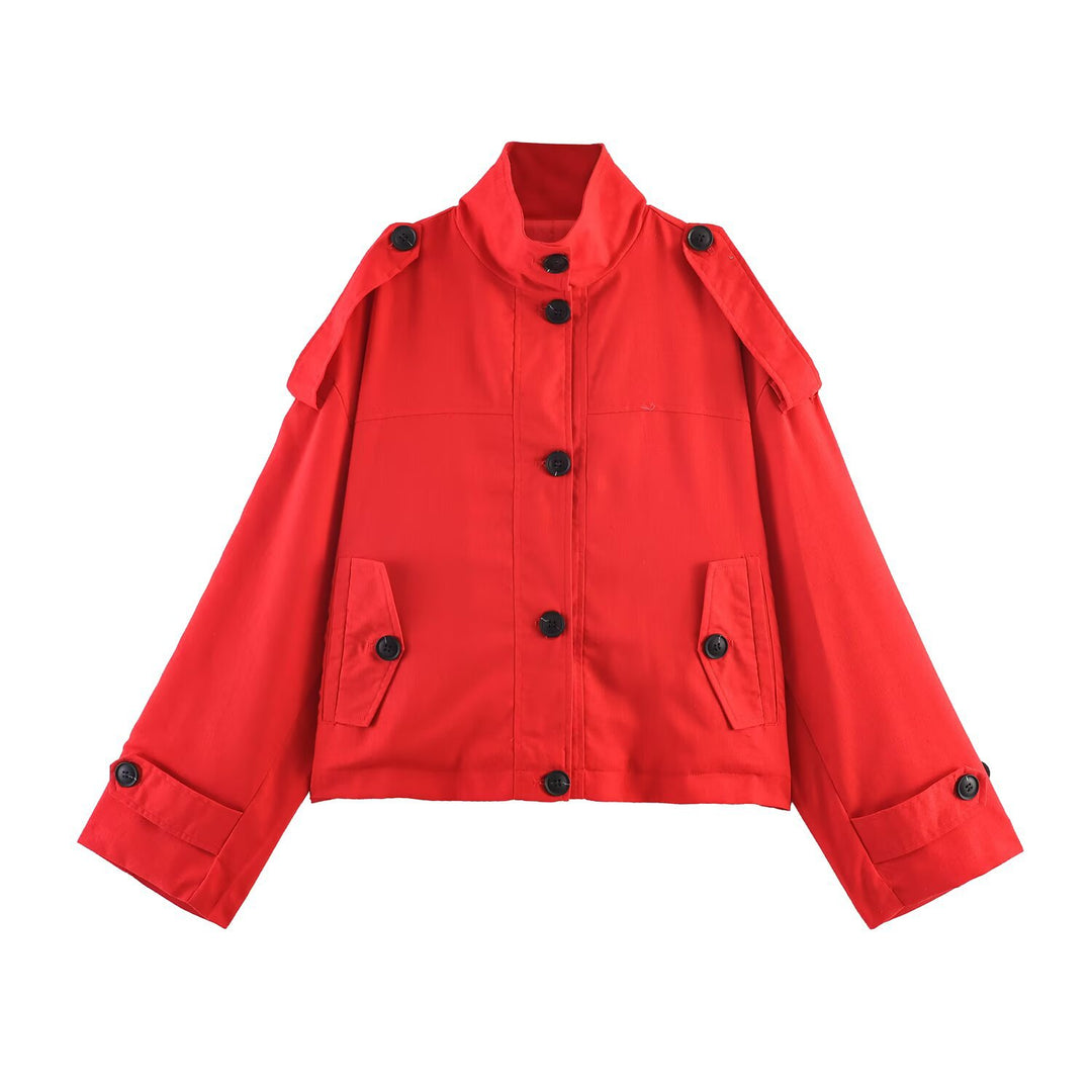 Damen Kurz geschnittene Oversize-Trenchjacke mit Stehkragen und Schulterklappen Nord Taschen
