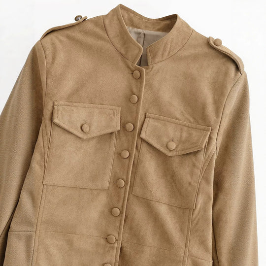 Damen Wildlederoptik Fieldjacke mit Stehkragen und Pattentaschen Nord Taschen