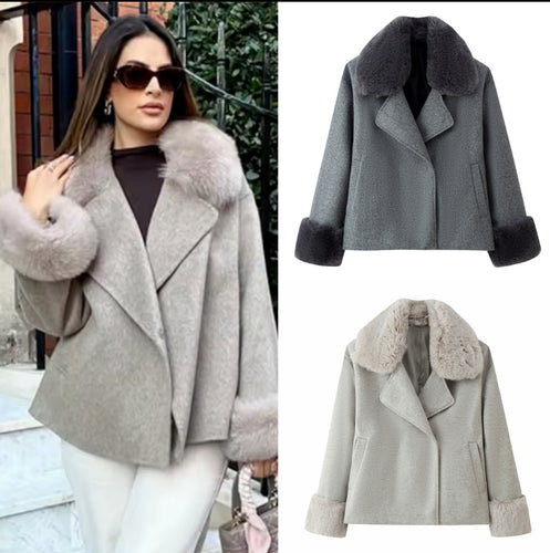Damen 20+ kurzer Wollmix‑Mantel mit abnehmbarem Kunstfellkragen und breiten Fellmanschetten Nord Taschen