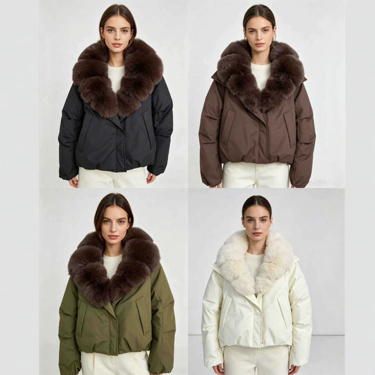 Damen nan kurze Thermosteppjacke mit voluminösem abnehmbarem Kunstfellkragen und tailliertem Saum Nord Taschen