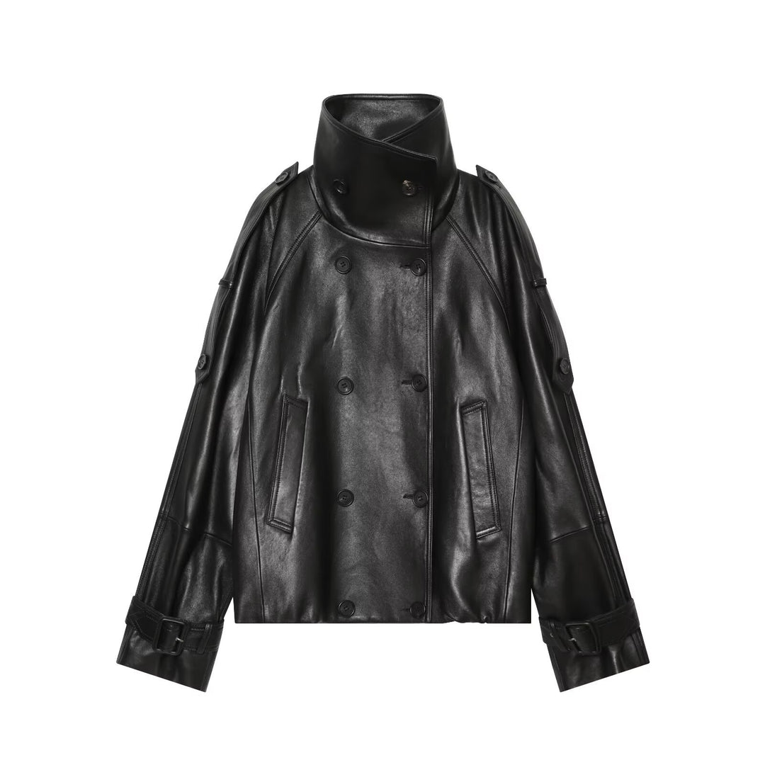 Damen Oversize Lederoptik Mantelcape mit hohem Stehkragen und doppelreihiger Knopfleiste Nord Taschen