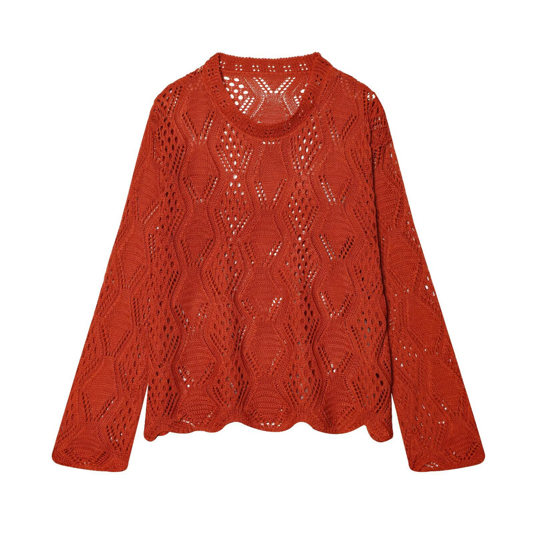 Damen Lochstrick-Pullover mit Zopfmuster und geschwungenem Saum Nord Taschen