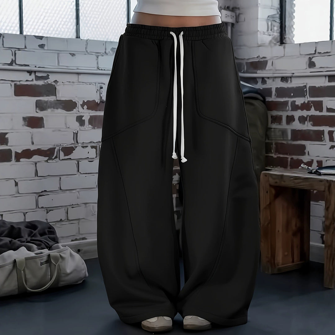 Damen Weite Baggy-Sweatpants mit hohem Elastikbund, Kordelzug und Teilungsnähten Nord Taschen