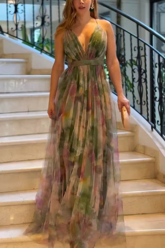 Damen Elegantes Maxikleid mit tiefem V-Ausschnitt und luftigen Stoffschichten