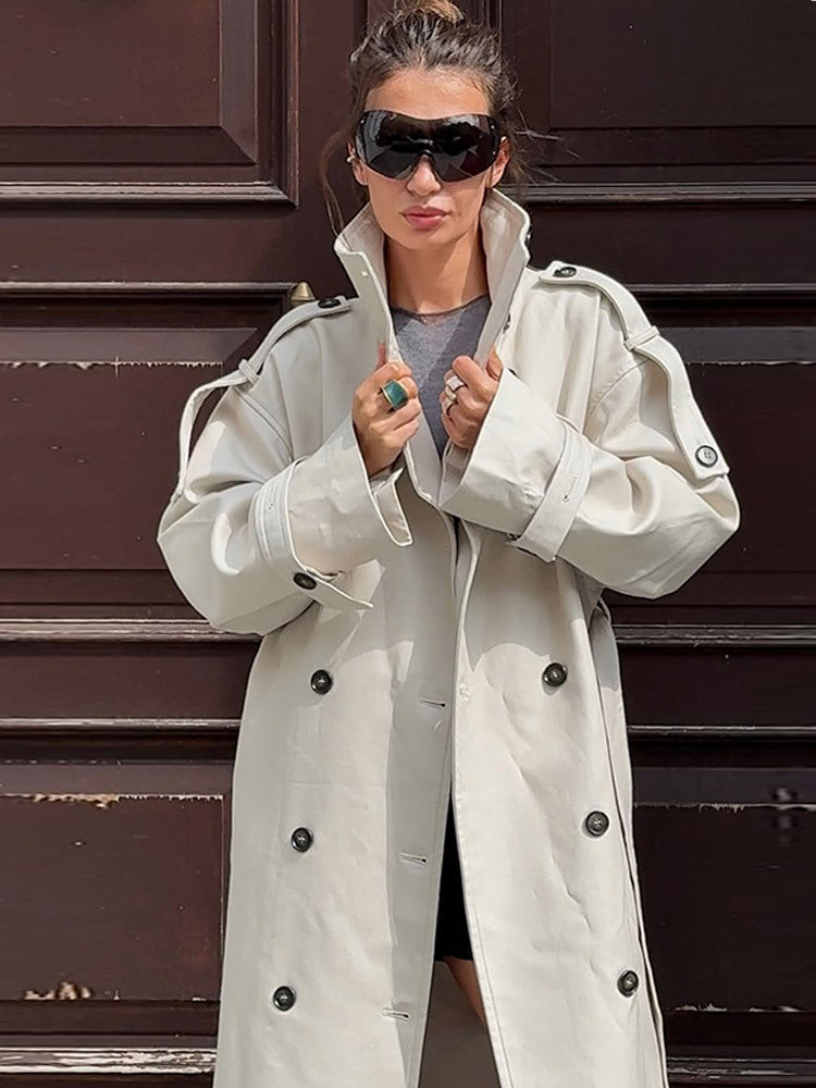 Damen tailloser Long-Trenchcoat im Oversize-Schnitt mit doppelter Knopfleiste und Schulterklappen Nord Taschen