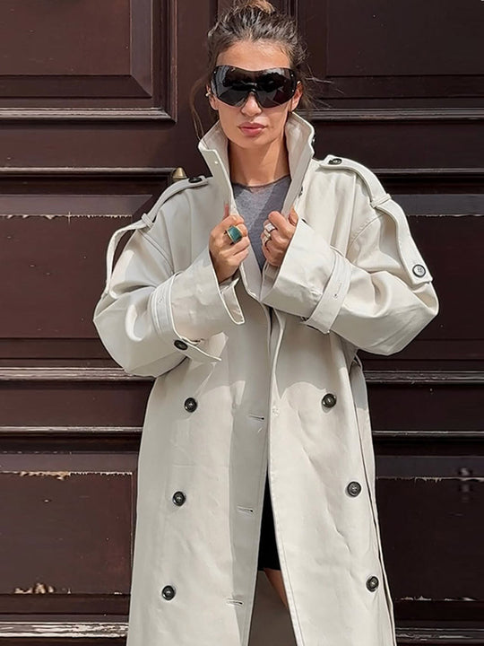 Damen tailloser Long-Trenchcoat im Oversize-Schnitt mit doppelter Knopfleiste und Schulterklappen Nord Taschen