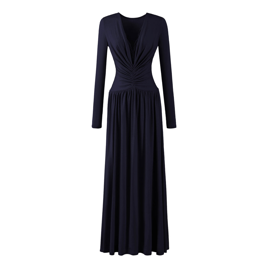 Damen Maxikleid mit gerafftem Wickeloberteil, tiefem V‑Ausschnitt und Spitzenbesatz Nord Taschen