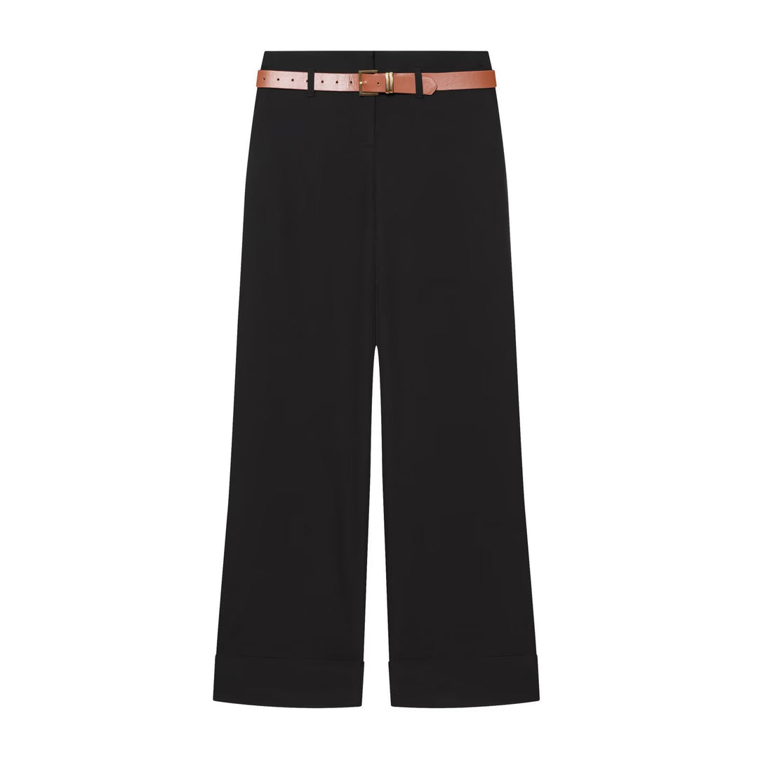 Damen Hochtaillierte Wide‑Leg‑Hose mit Bügelfalte, Gürtelschlaufen und verdeckter Knopfleiste Nord Taschen
