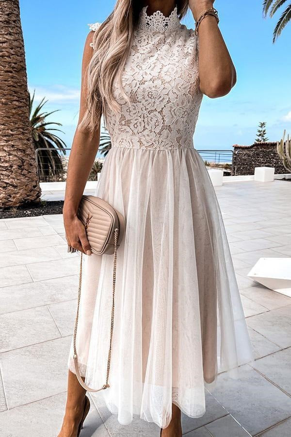 Damen Elegantes Spitzenkleid mit transparentem Rock und hohem Kragen
