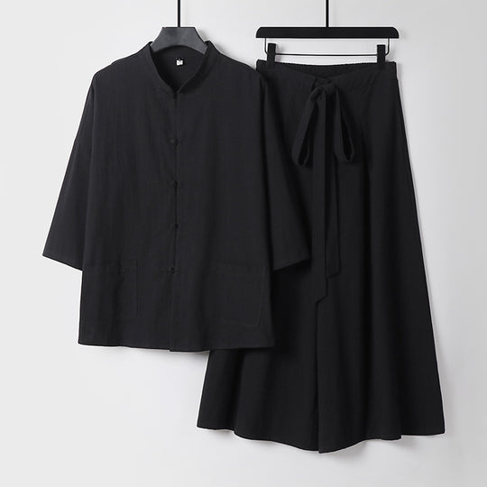 Damen Zweiteiliges Leichtes Lounge-Set mit Stehkragen, Kurzarm-Jacke und weitem Palazzo-Hosenrock Nord Taschen