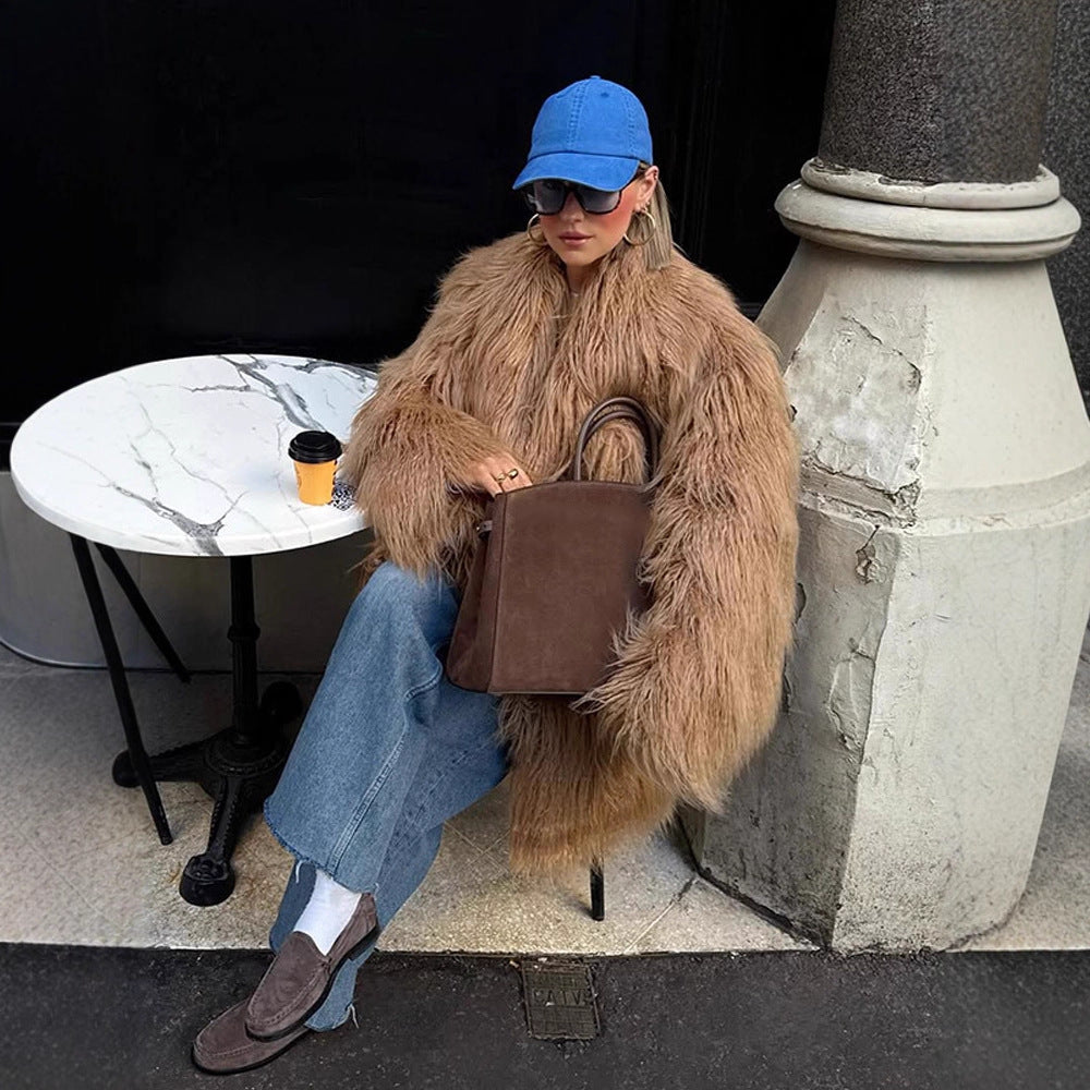 Damen Oversize Shaggy‑Kunstpelz‑Mantel mit langer Florstruktur und verdeckter Knopfleiste Nord Taschen