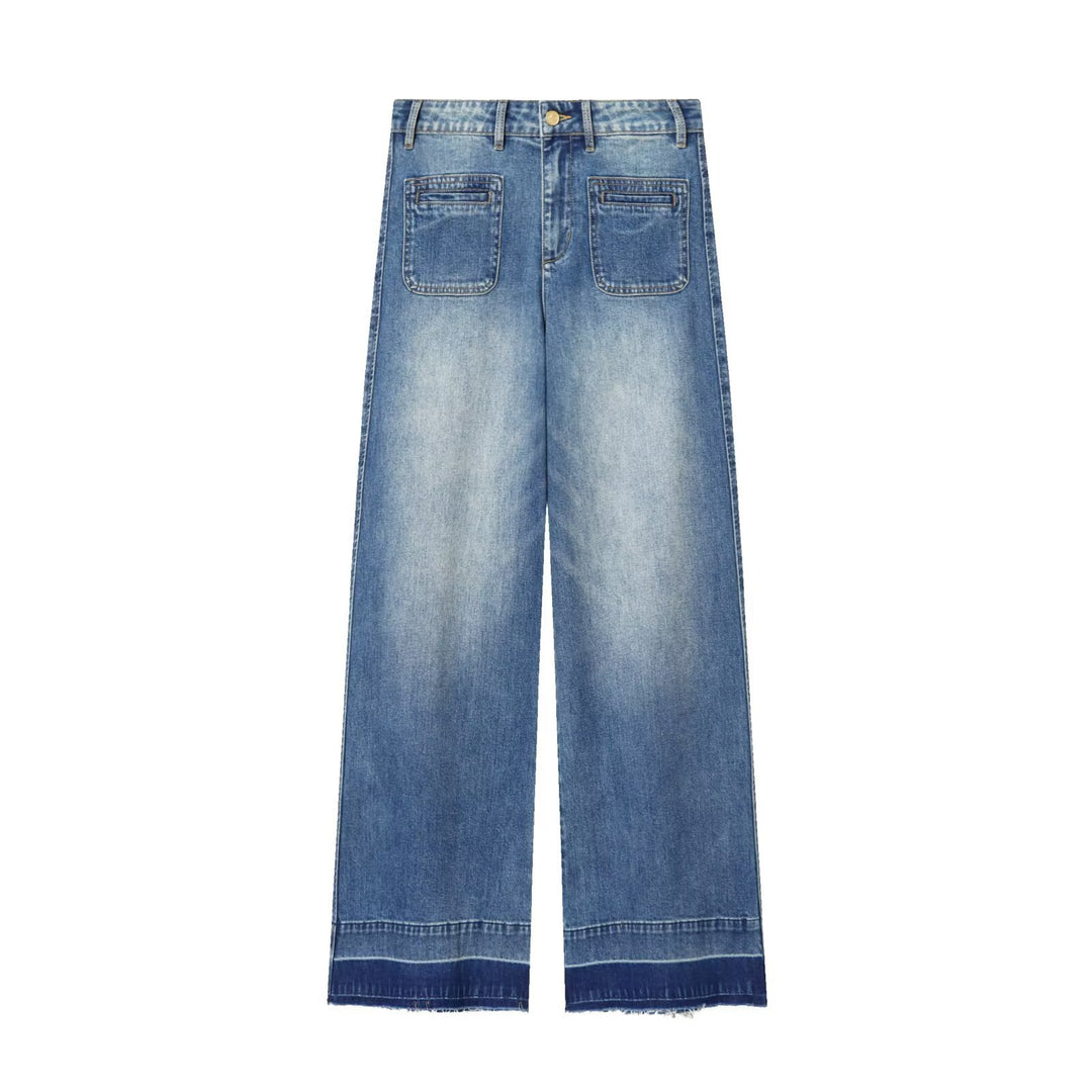 Damen Weite High‑Waist Cropped Denim-Jeans mit aufgesetzten Taschen und rohem Saum Nord Taschen