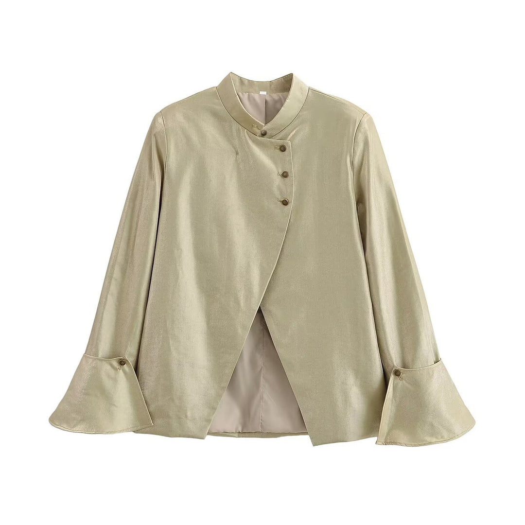 Damen Glänzende A-Linien-Jacke mit asymmetrischer Knopfleiste und Glockenärmeln Nord Taschen