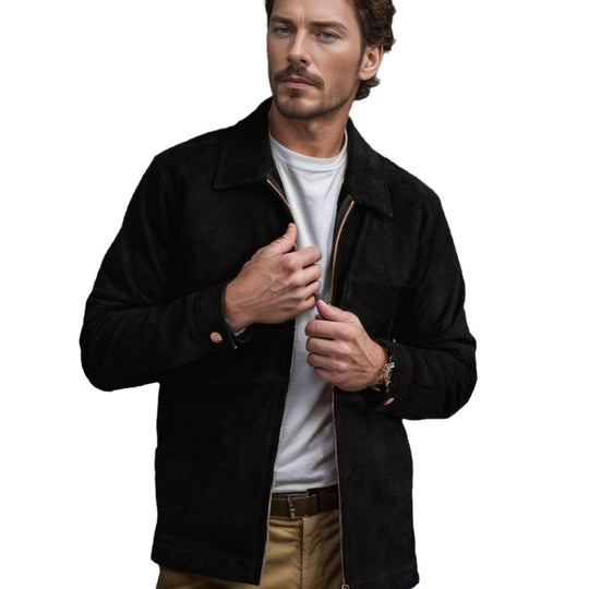 Herren Velourslederjacke mit Reißverschluss und Hemdkragen Nord Taschen