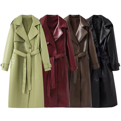Damen 40+ langer Trenchcoat aus Kunstleder mit Taillengürtel und doppelreihiger Knopfleiste Nord Taschen