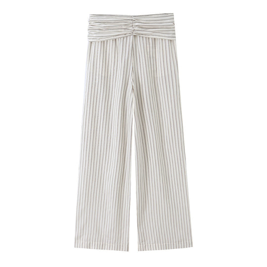 Damen Weite Highwaist-Hose mit vertikalen Streifen und Bindegürtel Nord Taschen