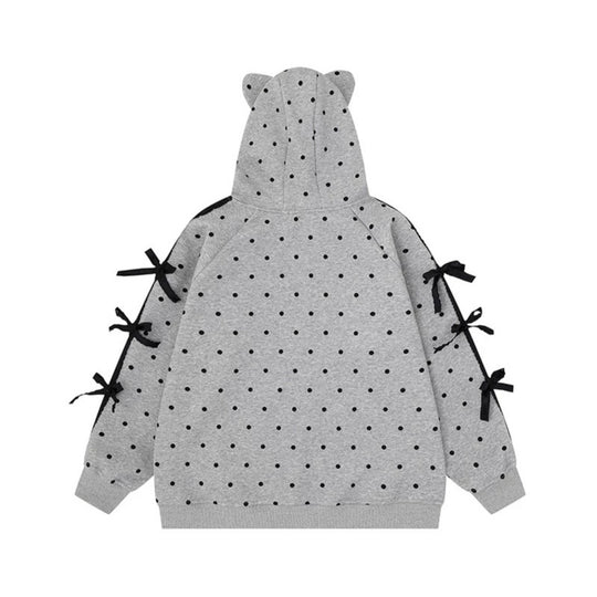 Damen Kapuzen‑Sweatjacke mit Punkte‑Allover, Katzen‑Patch, Schleifenärmeln und Ohrenkapuze Nord Taschen