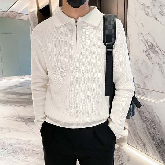 Herren Strukturierter Halbzip-Strickpolopullover mit Reißverschlusskragen Nord Taschen