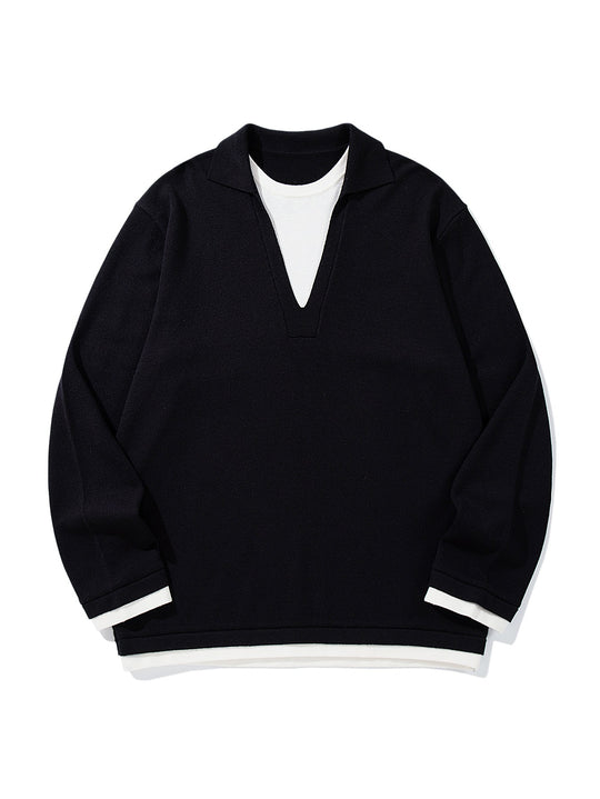 Unisex Lässiger Oversize Strickpullover mit tiefem V Einsatz und Hemd‑Layer Optik Nord Taschen