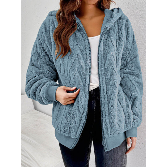 Damen Kapuzen-Teddyjacke mit Reißverschluss, weichem Plüsch und elastischem Bündchen Nord Taschen
